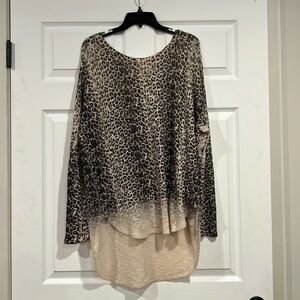 Cheetah print, long sleeve hi low hem, large blouse